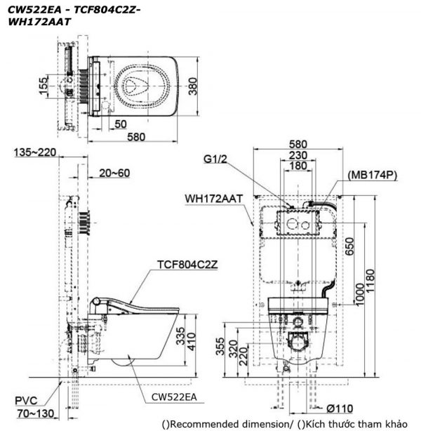 Bản vẽ kĩ thuật Bồn cầu treo tường TOTO CW522EA TCF804C2Z WH172AAT nắp rửa điện tử tự đóng mở nắp, tự xả