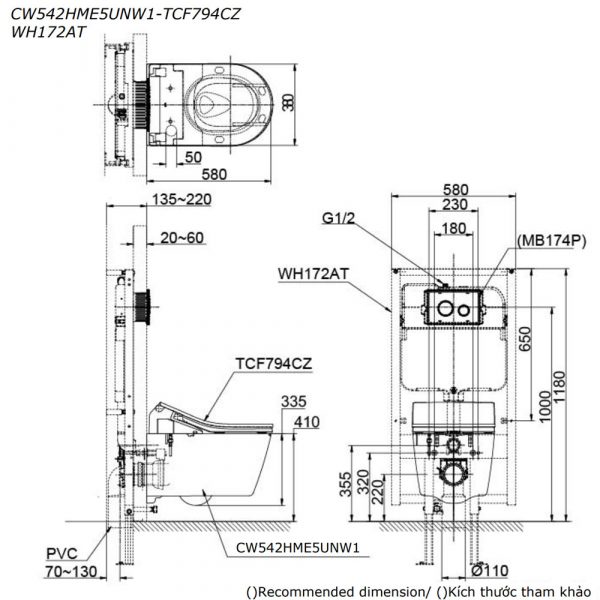 Bản vẽ kĩ thuật Bồn cầu treo tường TOTO CW542HME5UNW1 TCF794CZ WH172AT nắp rửa điện tử