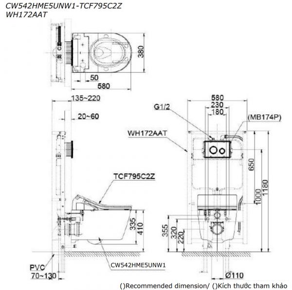 Bản vẽ kĩ thuật Bồn cầu treo tường TOTO CW542HME5UNW1 TCF795C2Z WH172AAT nắp rửa điện tử tự động xả nước