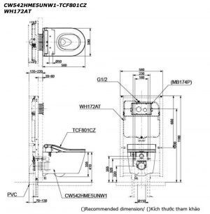 TOTO CW542HME5UNW1 TCF801CZ WH172AT - Bồn cầu thông minh nắp rửa điện tử 5 Bản vẽ kĩ thuật Bồn cầu treo tường TOTO CW542HME5UNW1 TCF801CZ WH172AT nắp rửa điện tử tự đóng mở nắp