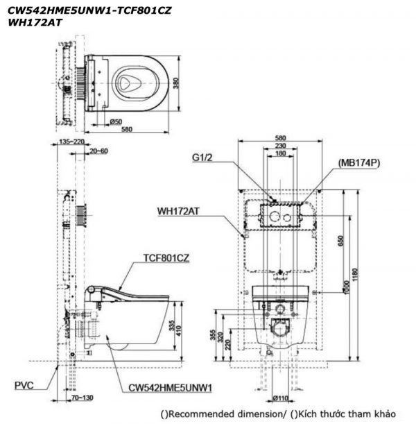 Bản vẽ kĩ thuật Bồn cầu treo tường TOTO CW542HME5UNW1 TCF801CZ WH172AT nắp rửa điện tử tự đóng mở nắp