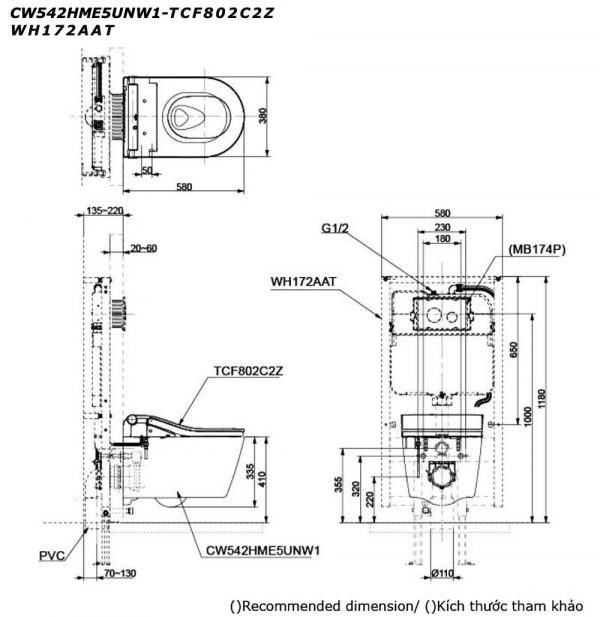 Bản vẽ kĩ thuật Bồn cầu treo tường TOTO CW542HME5UNW1 TCF802C2Z WH172AAT nắp rửa điện tử tự động xả, tự đóng mở nắp