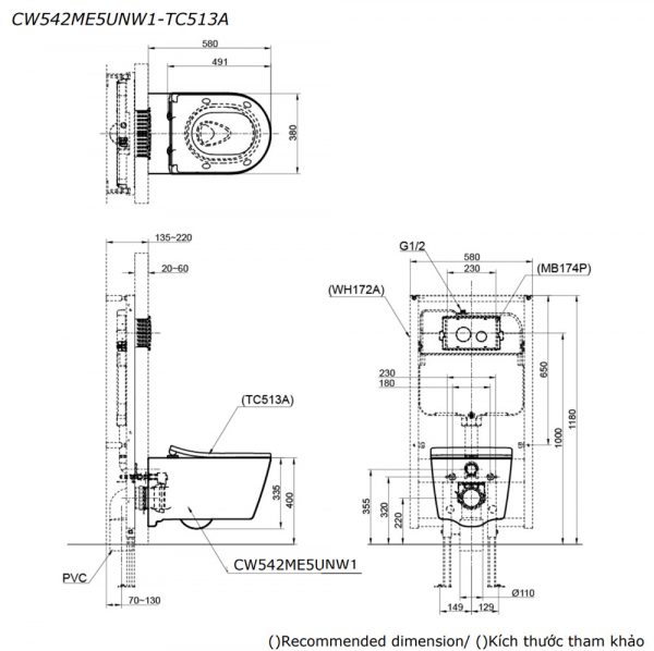 Bản vẽ kĩ thuật Bồn cầu treo tường TOTO CW542ME5UNW1 TC513A nắp êm