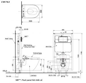Bản vẽ kĩ thuật Bồn cầu treo tường TOTO CW762 TC384CVK nắp êm