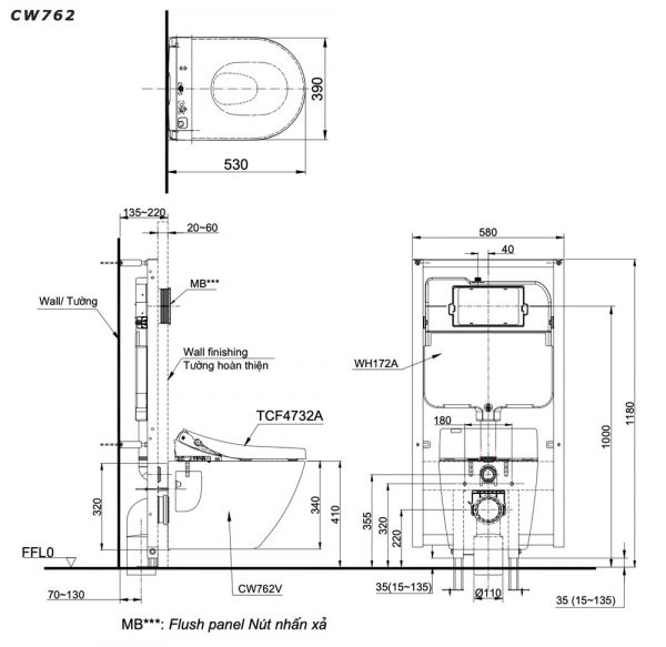 Bản vẽ kĩ thuật Bồn cầu treo tường TOTO CW762 TC384CVK nắp êm