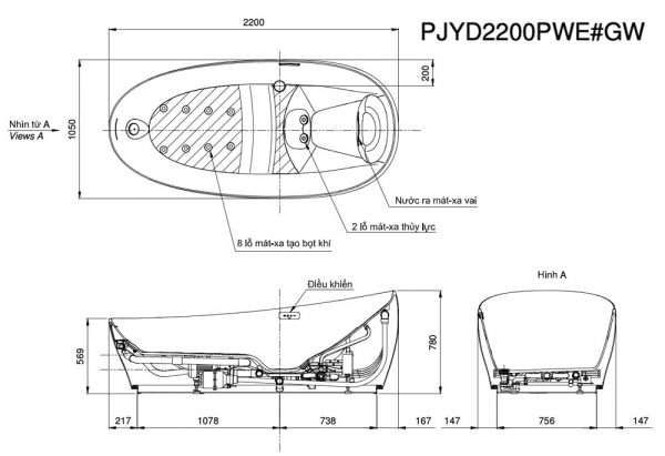 Bản vẽ kĩ thuật Bồn Tắm Bồn tắm TOTO PJYD2200PWE#GW NEOREST lập thể đá GALALATO massage 2.2M