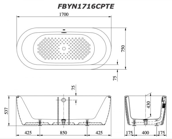 Bản vẽ kĩ thuật Bồn Tắm TOTO FBYN1716CPTE#W lập thể gang tráng men 1.7M