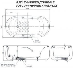 Bản vẽ kĩ thuật Bồn Tắm TOTO PJY1734HPWEN#GW TVBF412 lập thể đá cẩm thạch GALALATO 1.7M