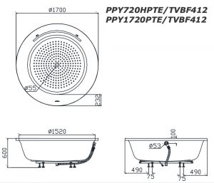 Bản vẽ kĩ thuật Bồn Tắm TOTO PPY1720HPTE#P NTP003E Ngọc Trai xây 1.7M
