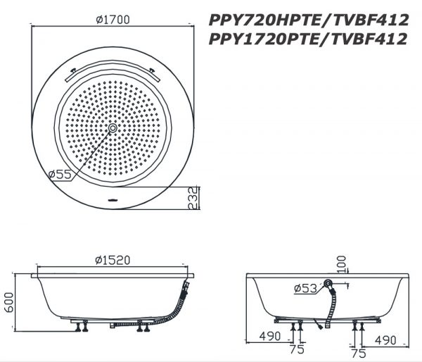 Bản vẽ kĩ thuật Bồn Tắm TOTO PPY1720HPTE#P NTP003E Ngọc Trai xây 1.7M