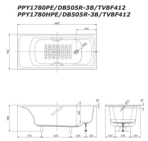 Bản vẽ kĩ thuật Bồn tắm TOTO PPY1780PE DB505R-3B TVBF411 ngọc trai xây 1.7M