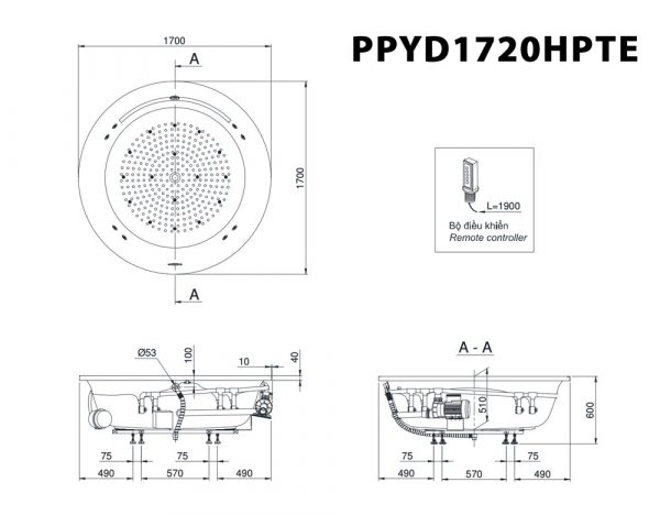 Bản vẽ kĩ thuật Bồn tắm TOTO PPYD1720HPTE NTP003E ngọc trai xây massage 1.7M