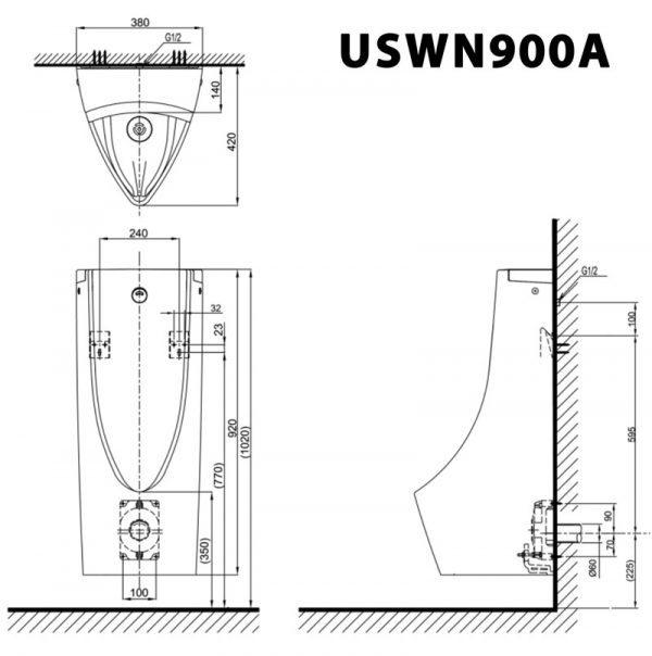 Bản vẽ kĩ thuật Bồn tiểu nam TOTO USWN900A HHF90603 cảm ứng dùng pin