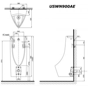 Bản vẽ kĩ thuật Bồn tiểu nam TOTO USWN900AE HHF90603 cảm ứng dùng điện