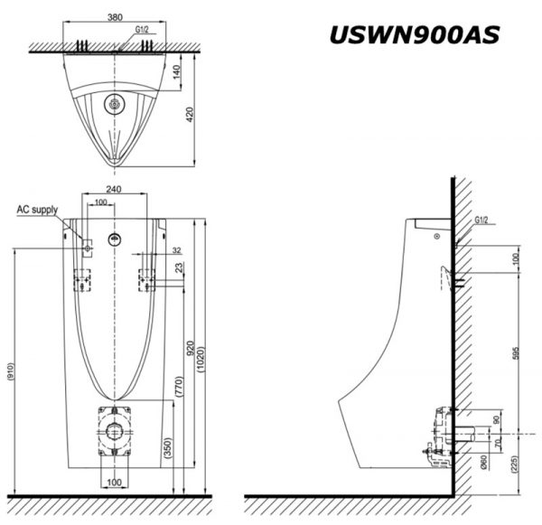 Bản vẽ kĩ thuật Bồn tiểu nam TOTO USWN900AS HHF90603 cảm ứng điện Ewater+