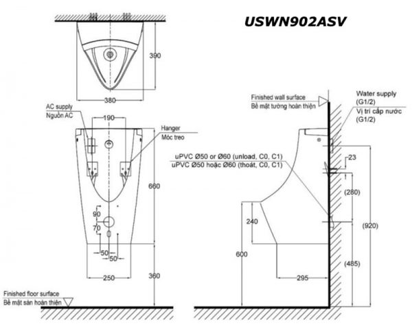 Bản vẽ kĩ thuật Bồn tiểu nam TOTO USWN902ASV cảm ứng điện Ewater+