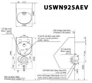 Bản vẽ kĩ thuật Bồn tiểu nam TOTO USWN925AEV cảm ứng dùng điện