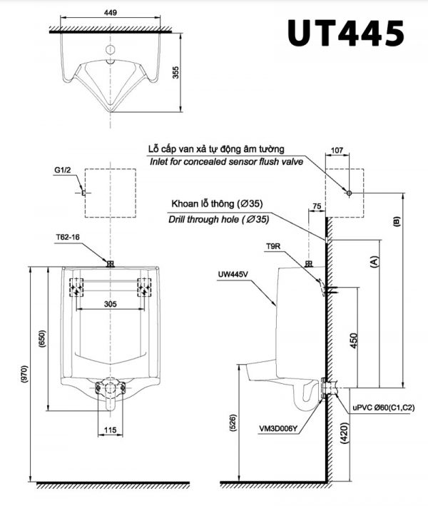 Bản vẽ kĩ thuật Bồn tiểu nam TOTO UT445 treo tường