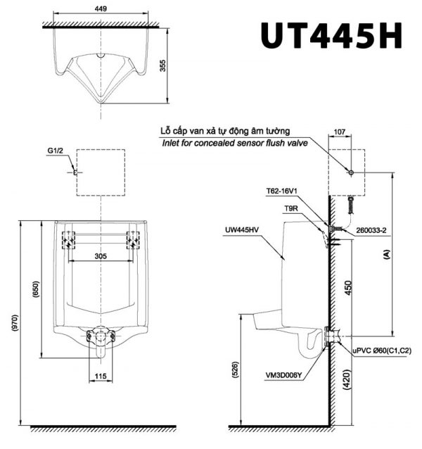 Bản vẽ kĩ thuật Bồn tiểu nam TOTO UT445H treo tường