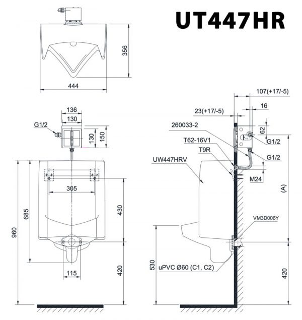 Bản vẽ kĩ thuật Bồn tiểu nam TOTO UT447HR treo tường