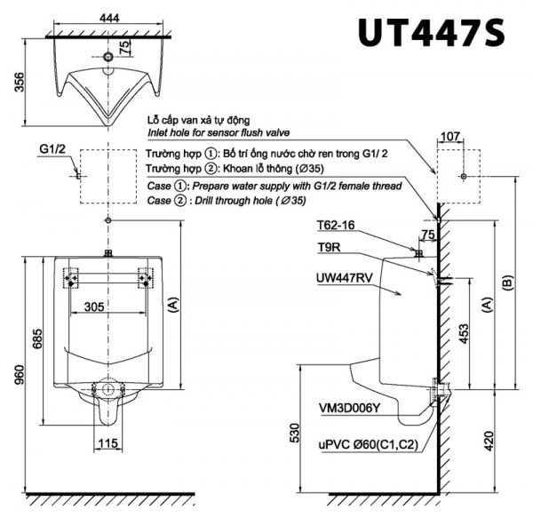 Bản vẽ kĩ thuật Bồn tiểu nam TOTO UT447S treo tường