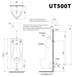 Bản vẽ kĩ thuật Bồn tiểu nam TOTO UT500T treo tường