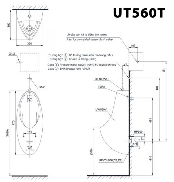 Bản vẽ kĩ thuật Bồn tiểu nam TOTO UT560T treo tường