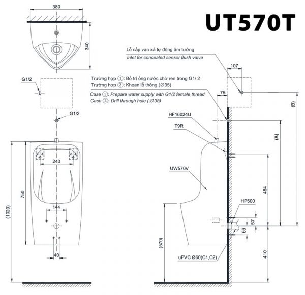 Bản vẽ kĩ thuật Bồn tiểu nam TOTO UT570T treo tường