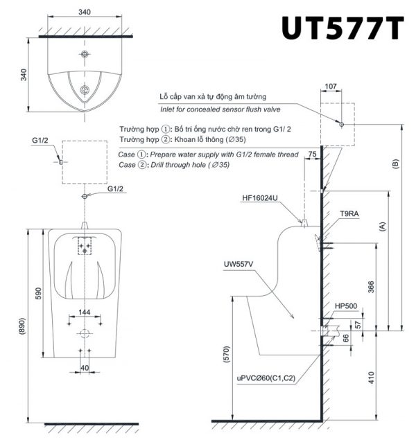 Bản vẽ kĩ thuật Bồn tiểu nam TOTO UT577T treo tường