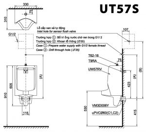 Bản vẽ kĩ thuật Bồn tiểu nam TOTO UT57S treo tường
