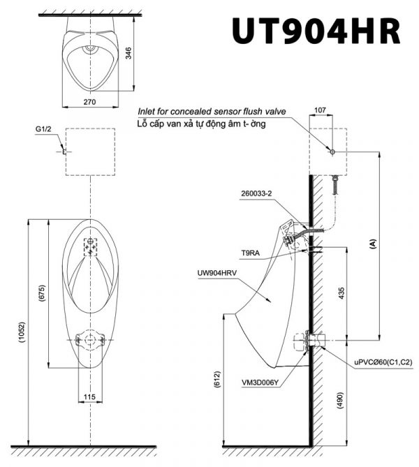 Bản vẽ kĩ thuật Bồn tiểu nam TOTO UT904HR treo tường