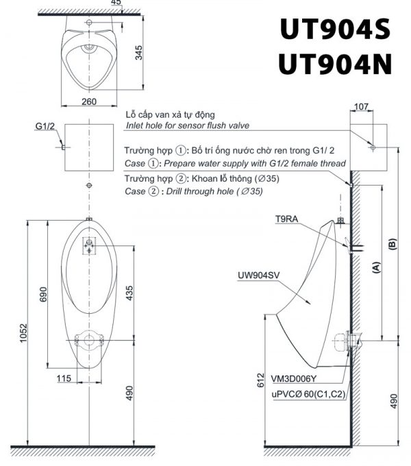 Bản vẽ kĩ thuật Bồn tiểu nam TOTO UT904S (UT904N) treo tường