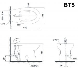 Bản vẽ kĩ thuật Bồn tiểu nữ TOTO BT5 đặt sàn