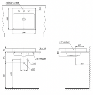 Bản vẽ kĩ thuật Chậu rửa mặt lavabo TOTO LT1615K đặt bàn