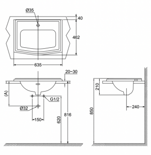 TOTO LW781CJ - Chậu rửa mặt lavabo đặt bàn dương vành 6 Bản vẽ kĩ thuật Chậu rửa mặt lavabo TOTO LW781CJ dương vành