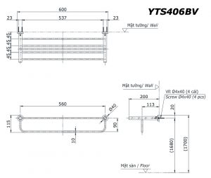 TOTO YTS406BV - Giá khăn 2 tầng 6 Bản vẽ kĩ thuật Giá khăn 2 tầng TOTO YTS406BV