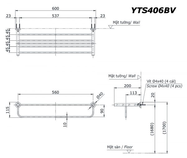 Bản vẽ kĩ thuật Giá khăn 2 tầng TOTO YTS406BV