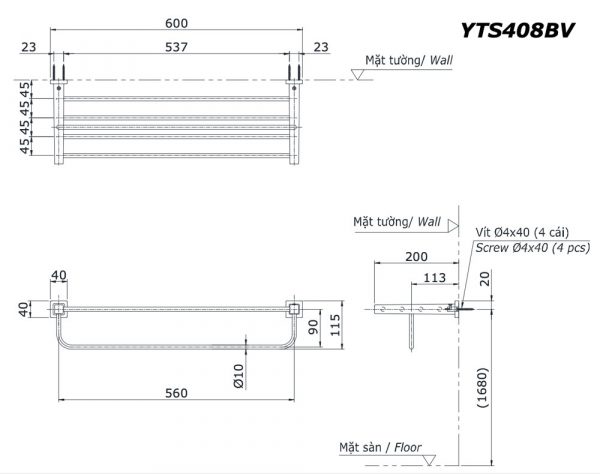 Bản vẽ kĩ thuật Giá khăn 2 tầng TOTO YTS408BV