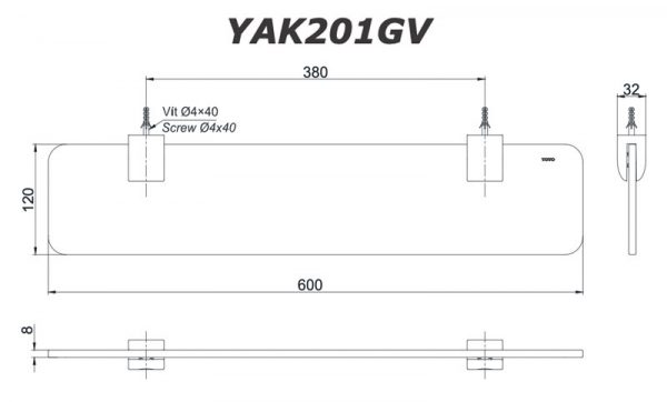 Bản vẽ kĩ thuật Kệ gương TOTO YAK201GV