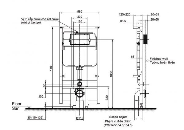 Bản vẽ kĩ thuật Két nước âm TOTO WH172A bồn cầu treo tường