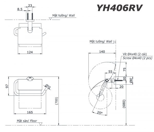 Bản vẽ kĩ thuật Lô giấy TOTO YH406RV