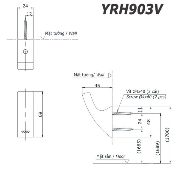 Bản vẽ kĩ thuật Móc áo TOTO YRH903V