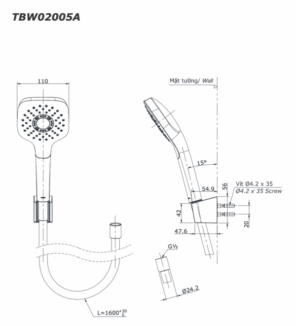 Bản vẽ kĩ thuật tay sen toto TBW02005A