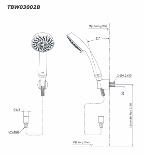 TOTO TBG01302V TBW03002B - Vòi sen tắm nóng lạnh GO 8 bản vẽ kĩ thuật tay sen toto TBW03002B điều chỉnh 5 chế độ phun massage