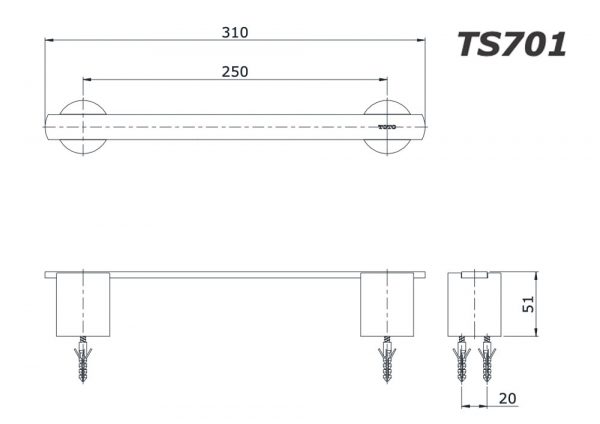 Bản vẽ kĩ thuật Thanh vắt khăn TOTO TS701