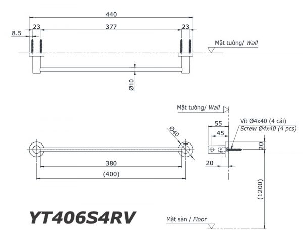 Bản vẽ kĩ thuật Thanh vắt khăn TOTO YT406S4RV