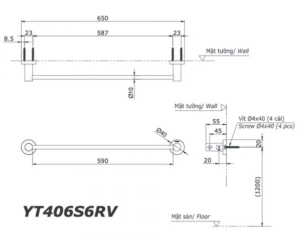 Bản vẽ kĩ thuật Thanh vắt khăn TOTO YT406S6RV