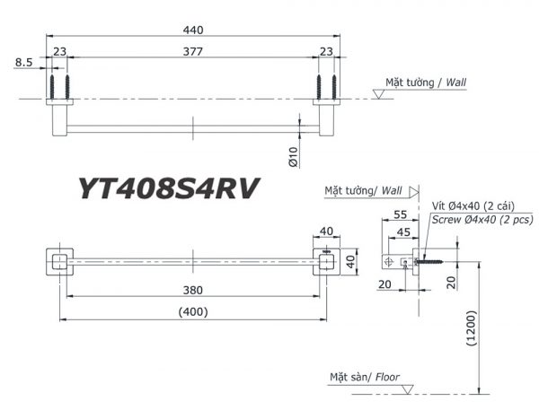 Bản vẽ kĩ thuật Thanh vắt khăn TOTO YT408S4RV