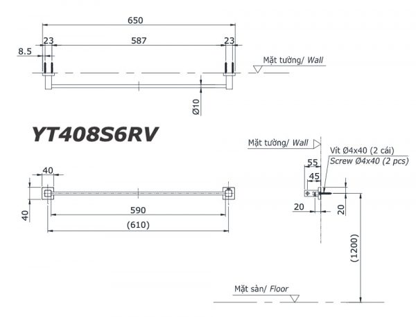 Bản vẽ kĩ thuật Thanh vắt khăn TOTO YT408S6RVBản vẽ kĩ thuật Thanh vắt khăn TOTO YT408S6RV