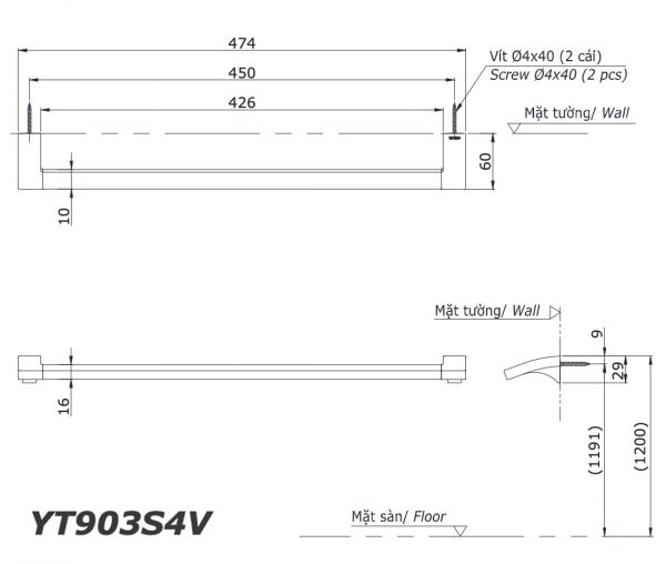 Bản vẽ kĩ thuật Thanh vắt khăn TOTO YT903S4V